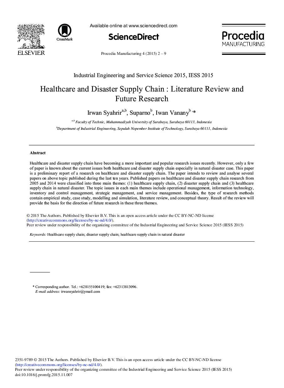 Healthcare and Disaster Supply Chain: Literature Review and Future Research 