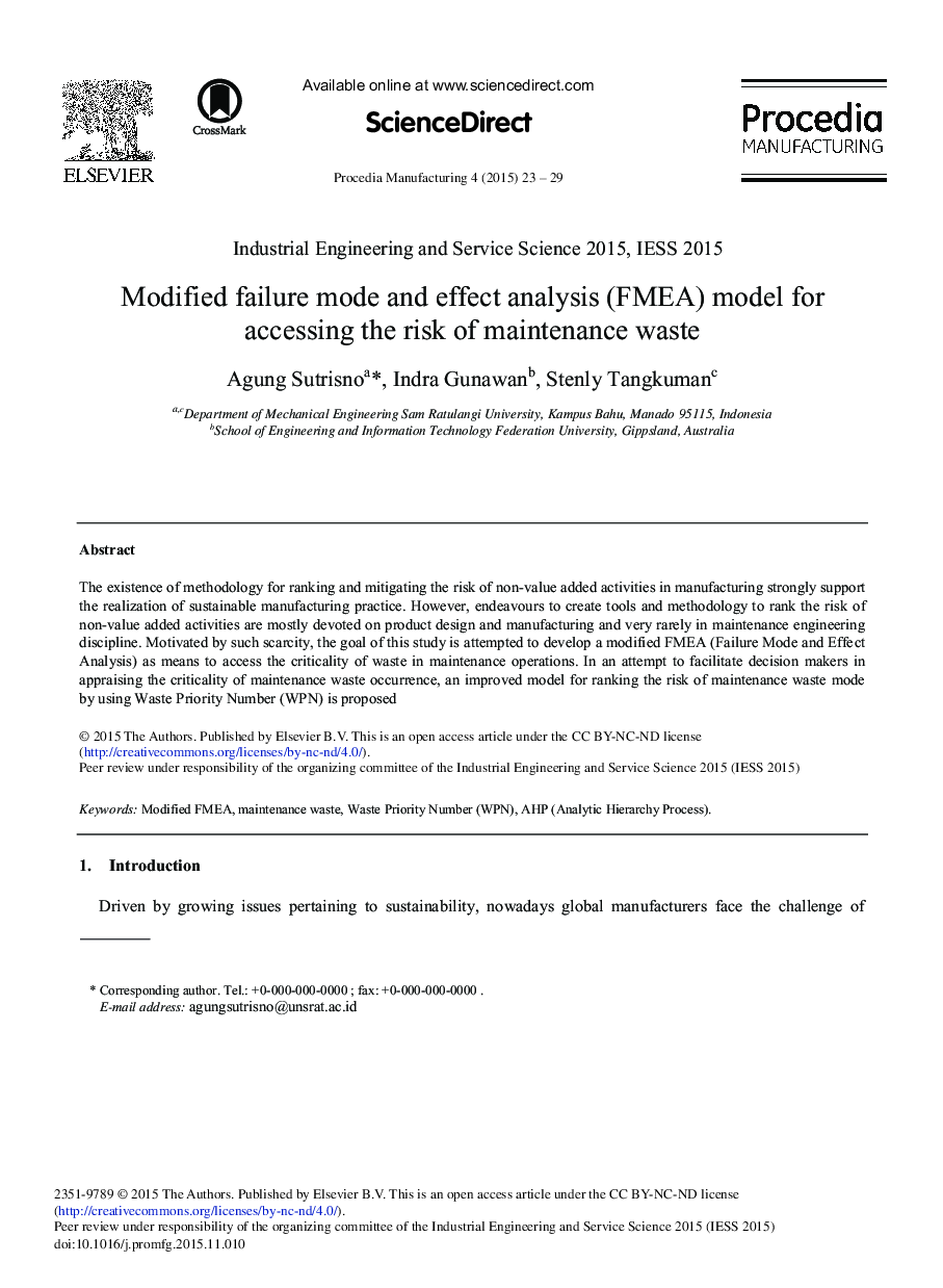 Modified Failure Mode and Effect Analysis (FMEA) Model for Accessing the Risk of Maintenance Waste 