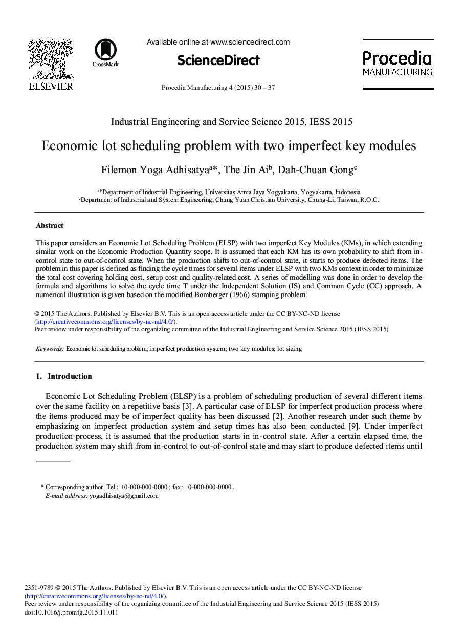 Economic Lot Scheduling Problem with two Imperfect Key Modules 