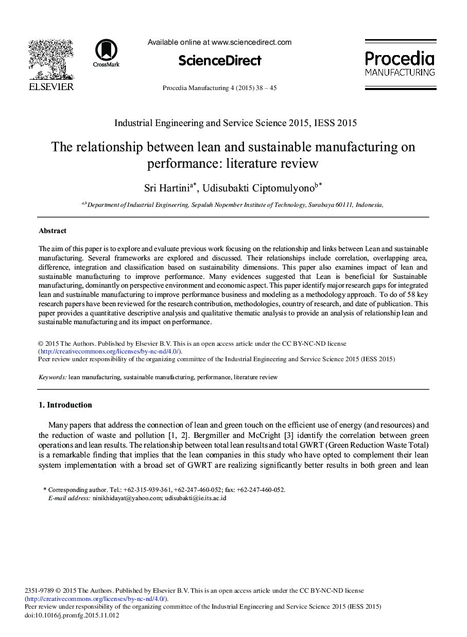 The Relationship between Lean and Sustainable Manufacturing on Performance: Literature Review 