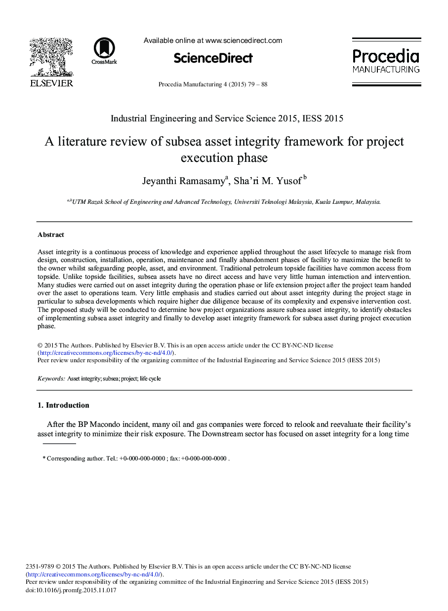 A Literature Review of Subsea Asset Integrity Framework for Project Execution Phase 