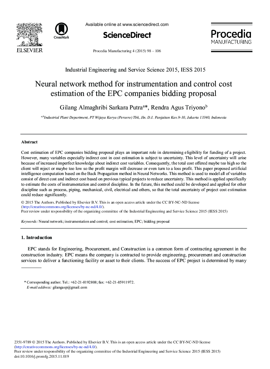 Neural Network Method for Instrumentation and Control Cost Estimation of the EPC Companies Bidding Proposal 