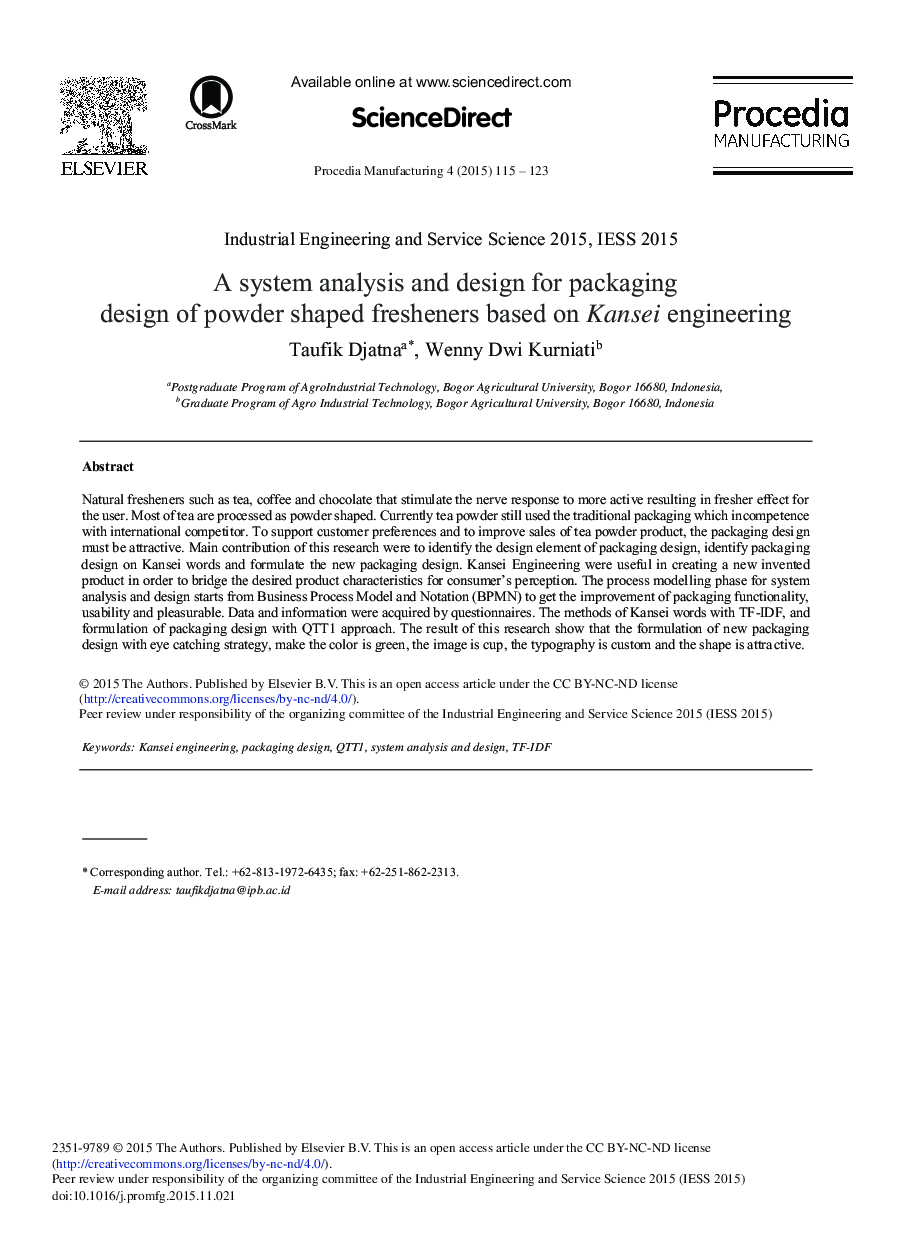 A System Analysis and Design for Packaging Design of Powder Shaped Fresheners Based on Kansei Engineering 