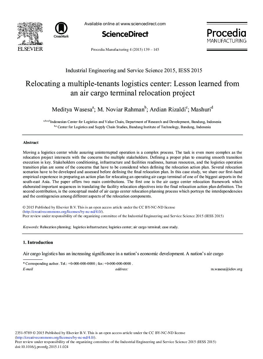 Relocating a Multiple-tenants Logistics Center: Lesson Learned from an Air Cargo Terminal Relocation Project 