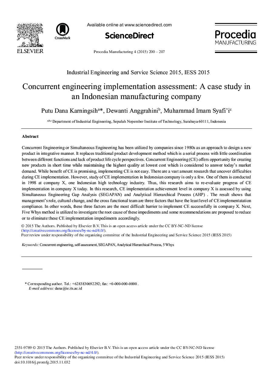 Concurrent Engineering Implementation Assessment: A Case Study in an Indonesian Manufacturing Company 