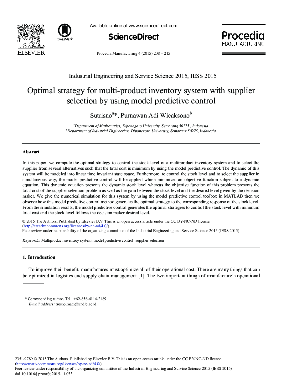 Optimal Strategy for Multi-product Inventory System with Supplier Selection by Using Model Predictive Control 