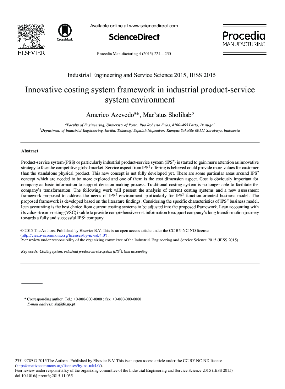 Innovative Costing System Framework in Industrial Product-service System Environment 