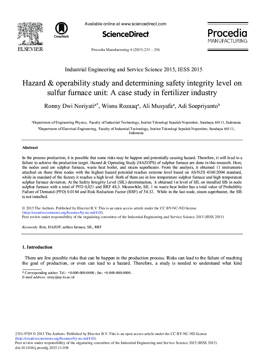 Hazard & Operability Study and Determining Safety Integrity Level on Sulfur Furnace Unit: A Case Study in Fertilizer Industry 