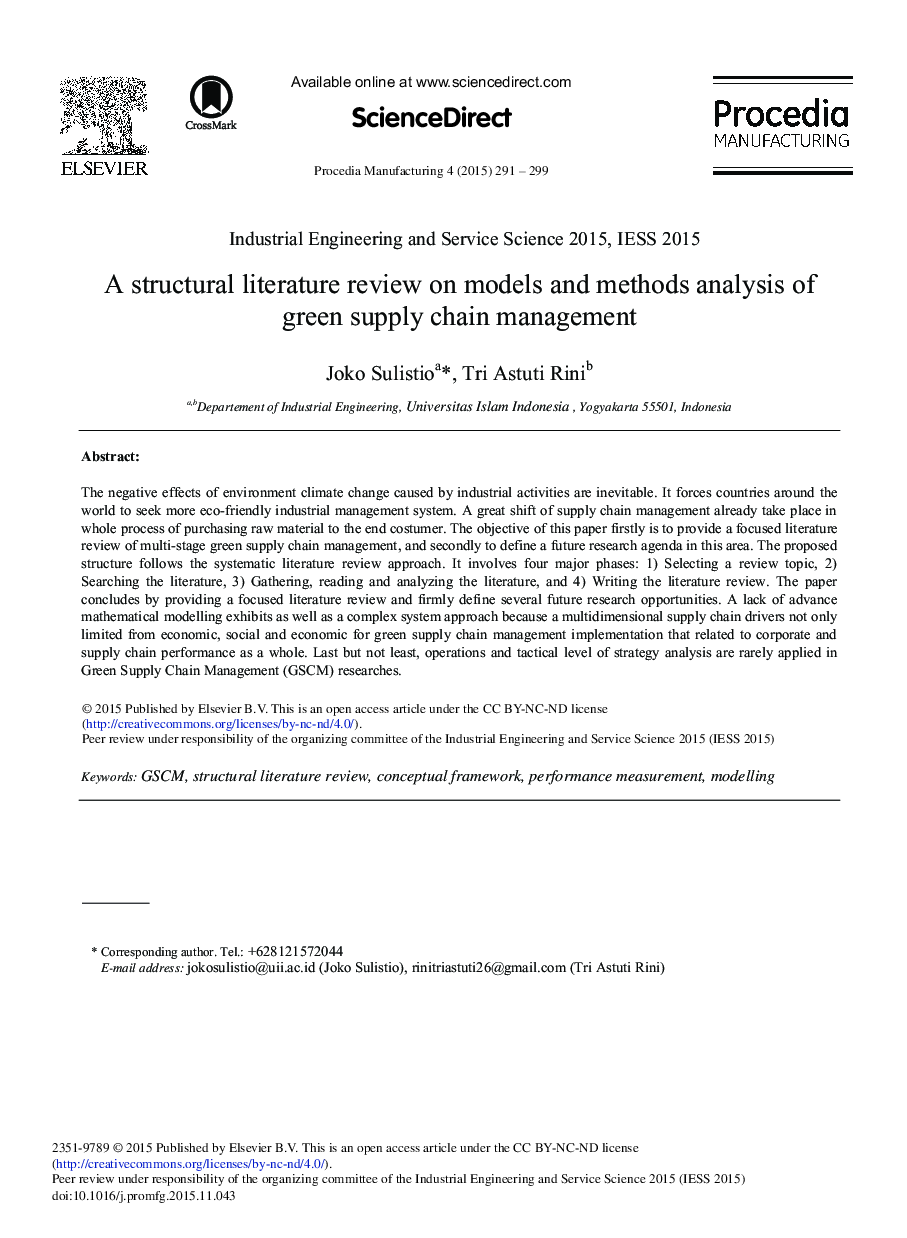 A Structural Literature Review on Models and Methods Analysis of Green Supply Chain Management 