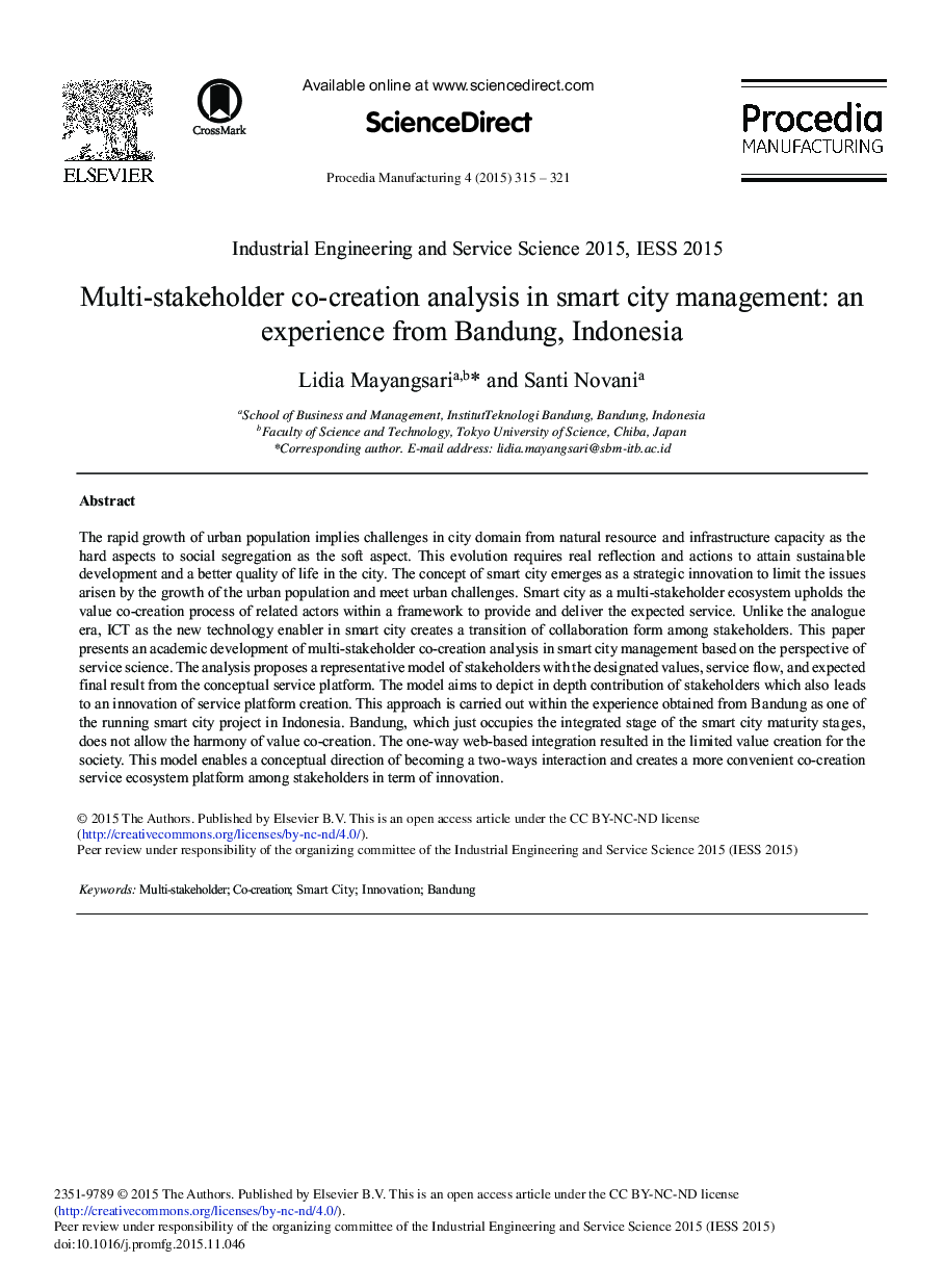 Multi-stakeholder co-creation Analysis in Smart city Management: An Experience from Bandung, Indonesia 
