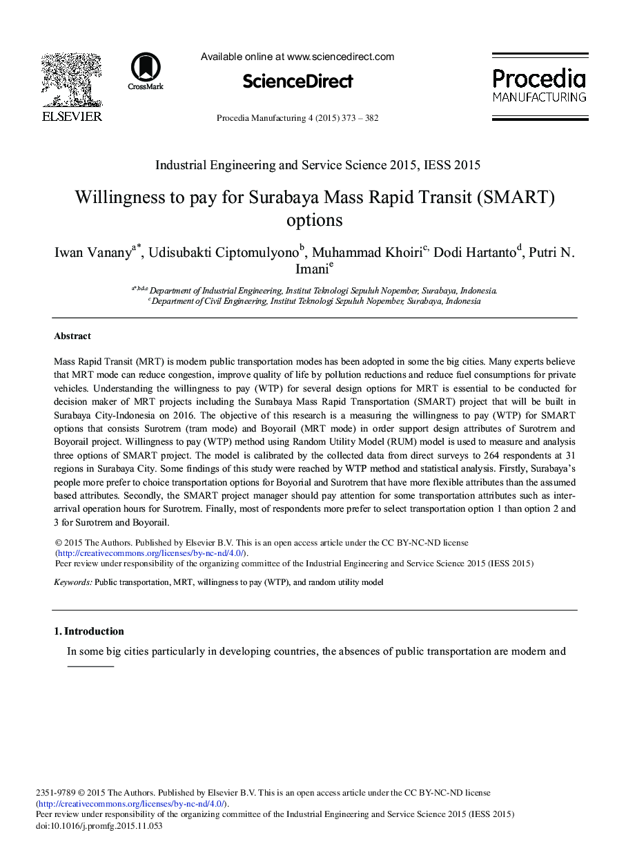 Willingness to Pay for Surabaya Mass Rapid Transit (SMART) Options 