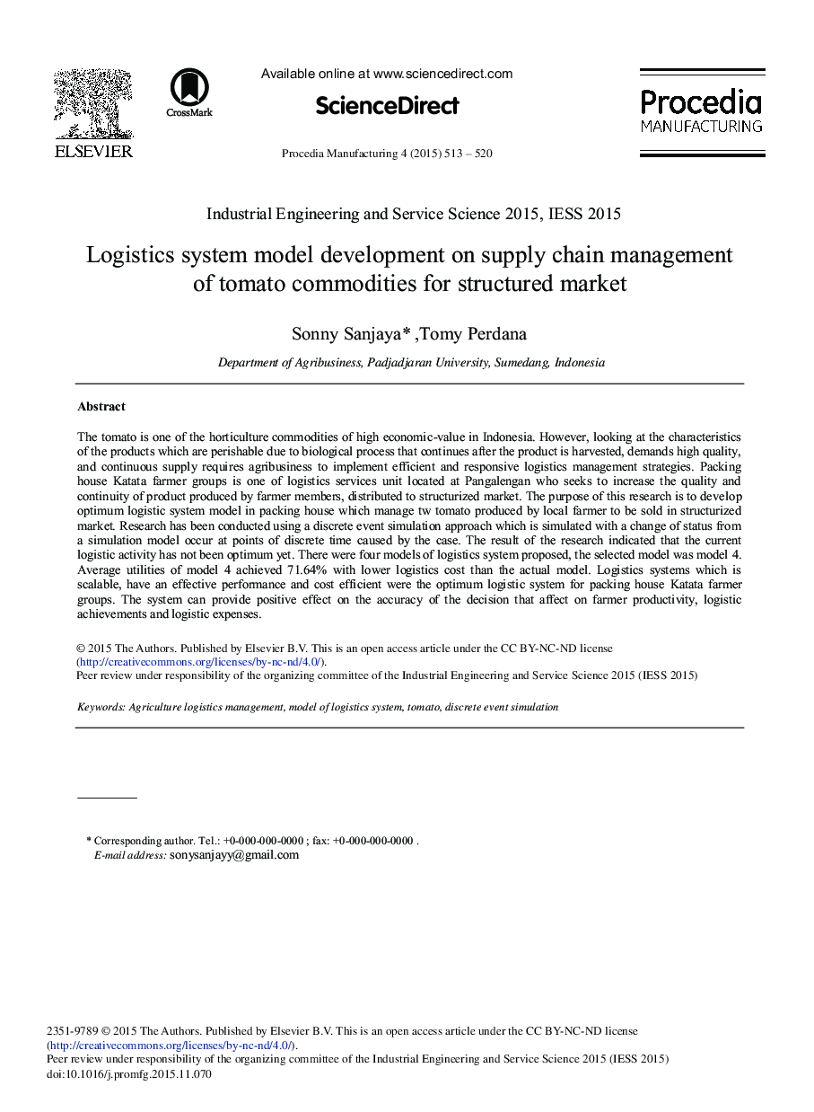 Logistics System Model Development on Supply Chain Management of Tomato Commodities for Structured Market 