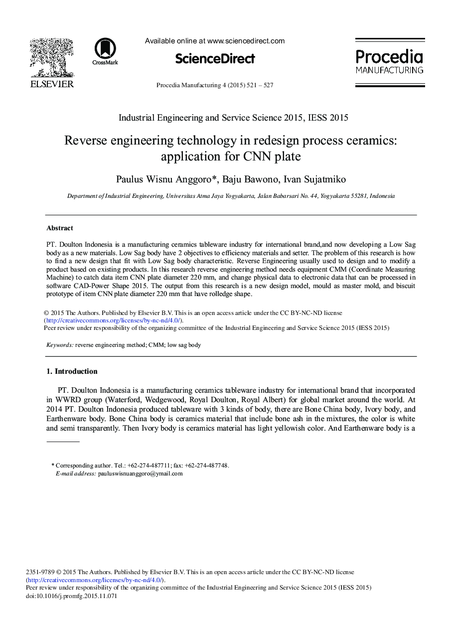 Reverse Engineering Technology in Redesign Process Ceramics: Application for CNN Plate 