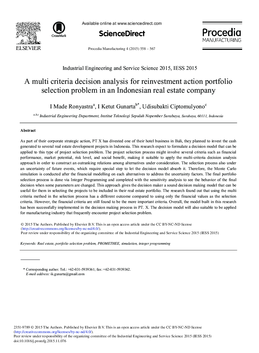 A Multi Criteria Decision Analysis for Reinvestment Action Portfolio Selection Problem in an Indonesian Real Estate Company 