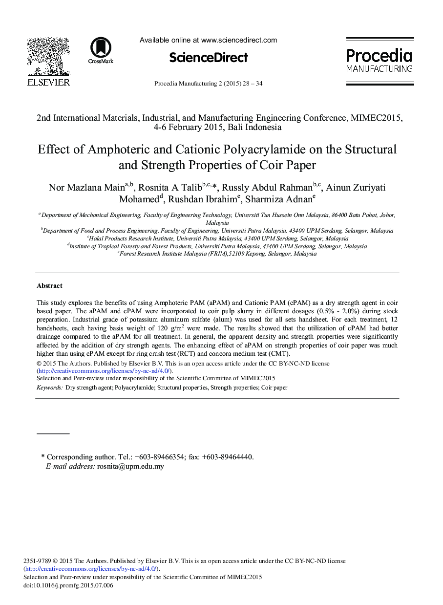 Effect of Amphoteric and Cationic Polyacrylamide on the Structural and Strength Properties of Coir Paper 