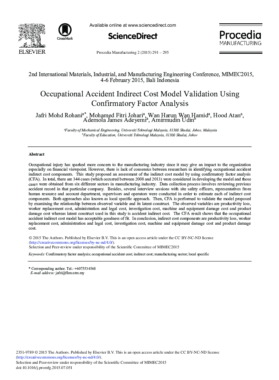 Occupational Accident Indirect Cost Model Validation Using Confirmatory Factor Analysis 
