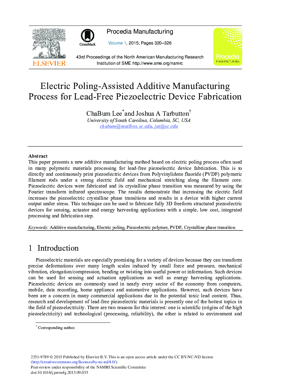 Electric Poling-assisted Additive Manufacturing Process for Lead-free Piezoelectric Device Fabrication 