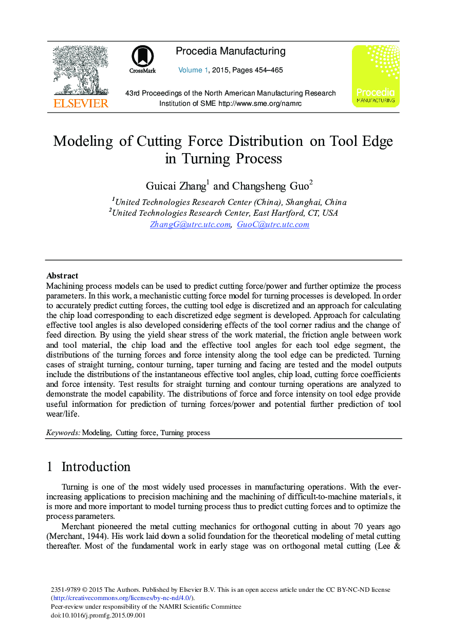 Modeling of Cutting Force Distribution on Tool Edge in Turning Process 