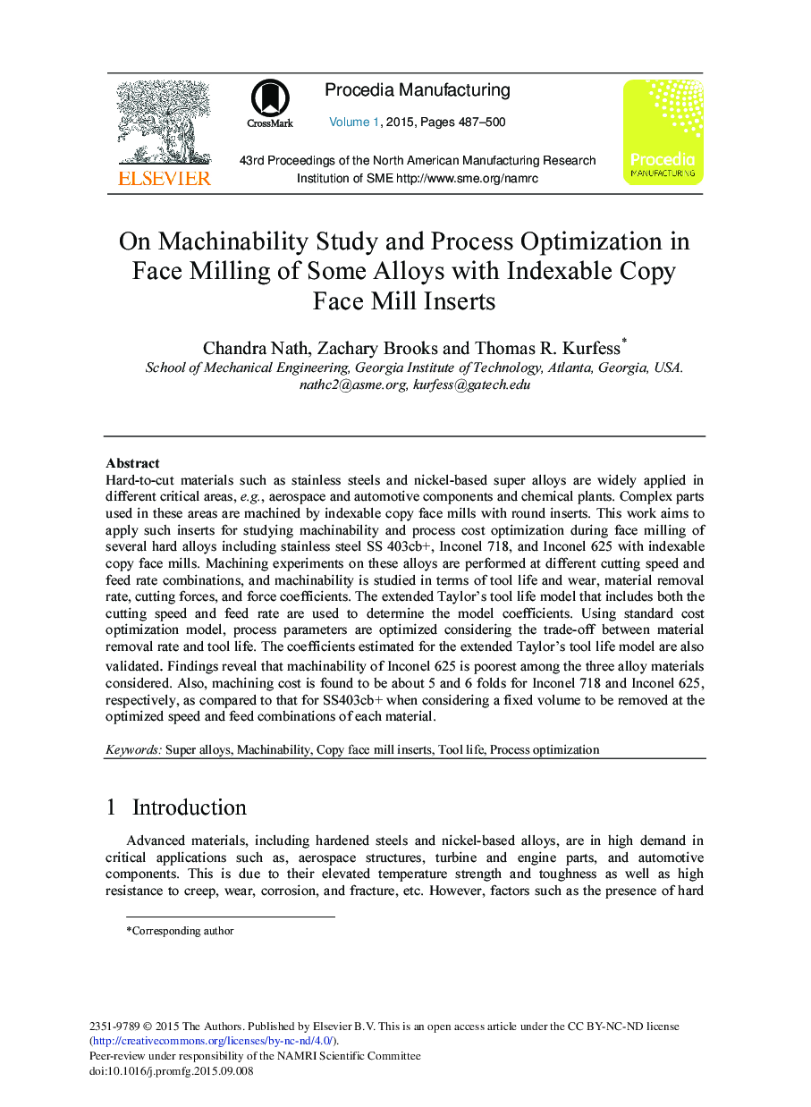 On Machinability Study and Process Optimization in Face Milling of Some Alloys with Indexable Copy Face Mill Inserts 