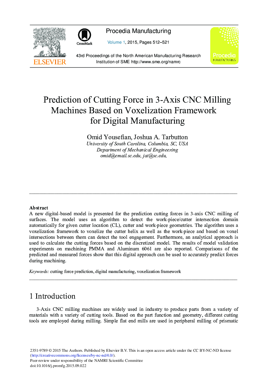 Prediction of Cutting Force in 3-Axis CNC Milling Machines Based on Voxelization Framework for Digital Manufacturing 