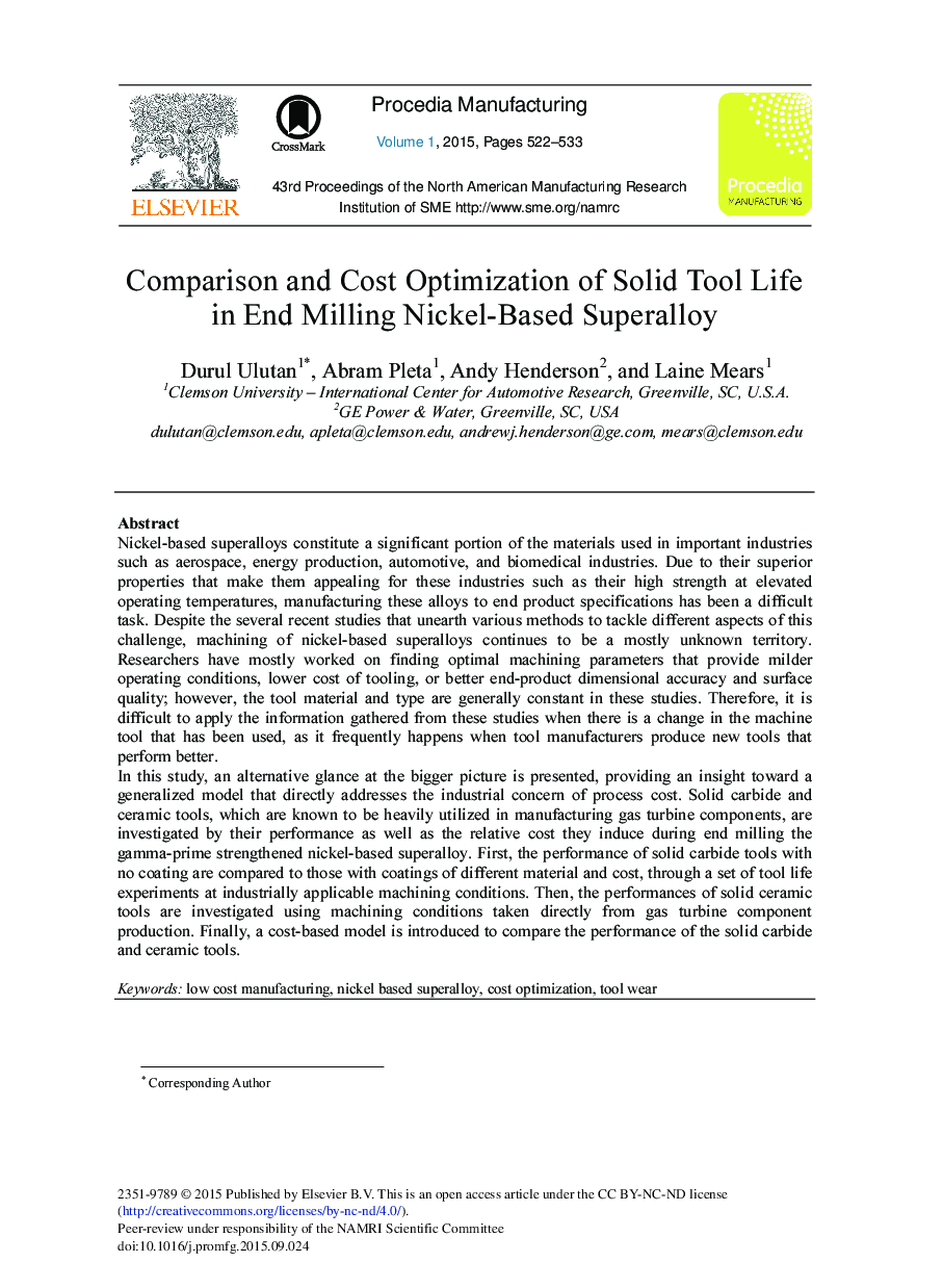 Comparison and Cost Optimization of Solid Tool Life in End Milling Nickel-Based Superalloy 