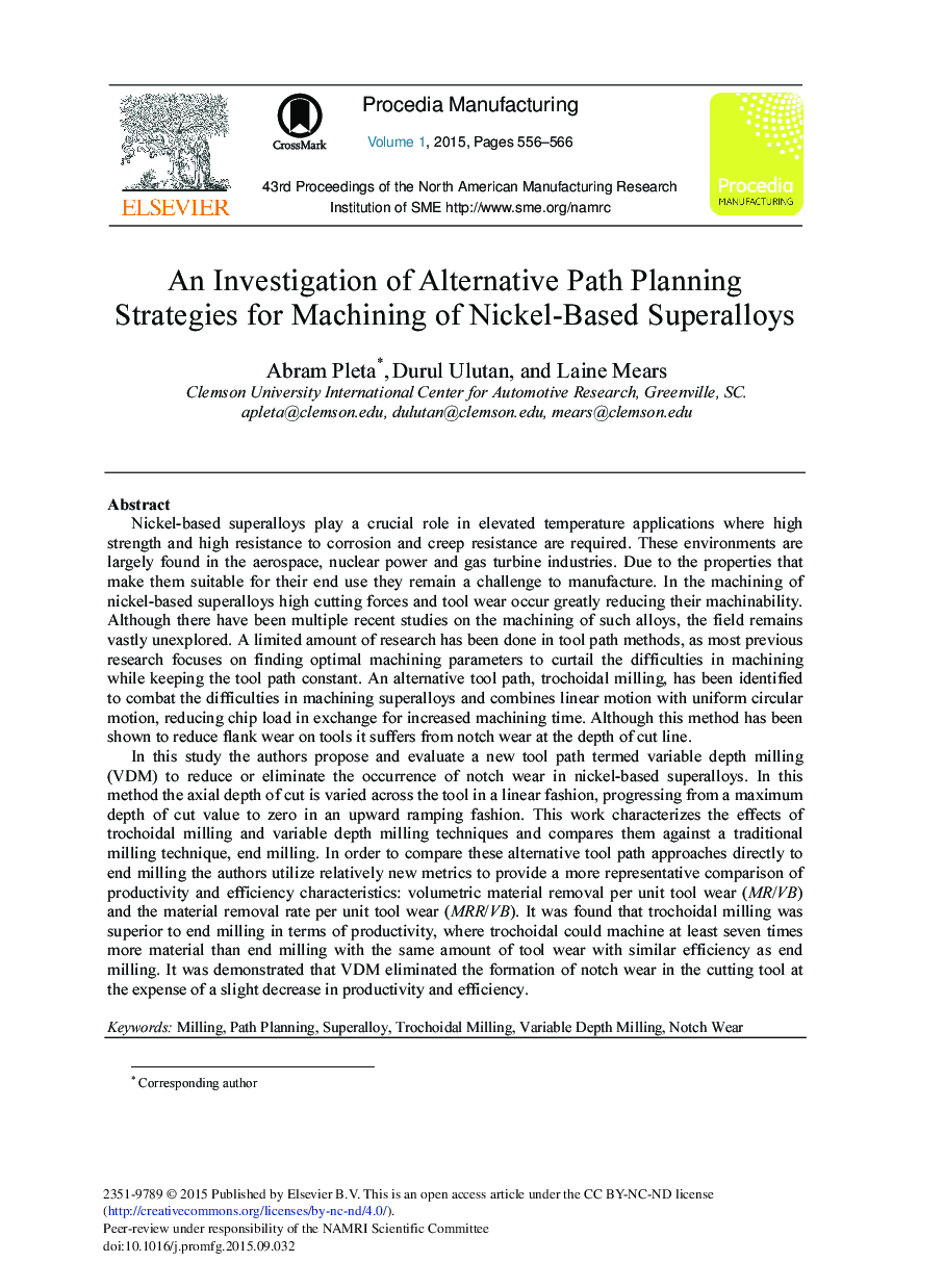 An Investigation of Alternative Path Planning Strategies for Machining of Nickel-Based Superalloys 