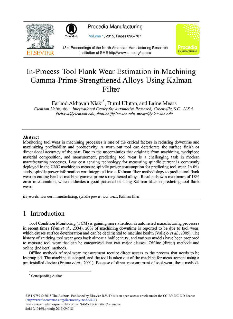 In-process Tool Flank Wear Estimation in Machining Gamma-prime Strengthened Alloys Using Kalman Filter 