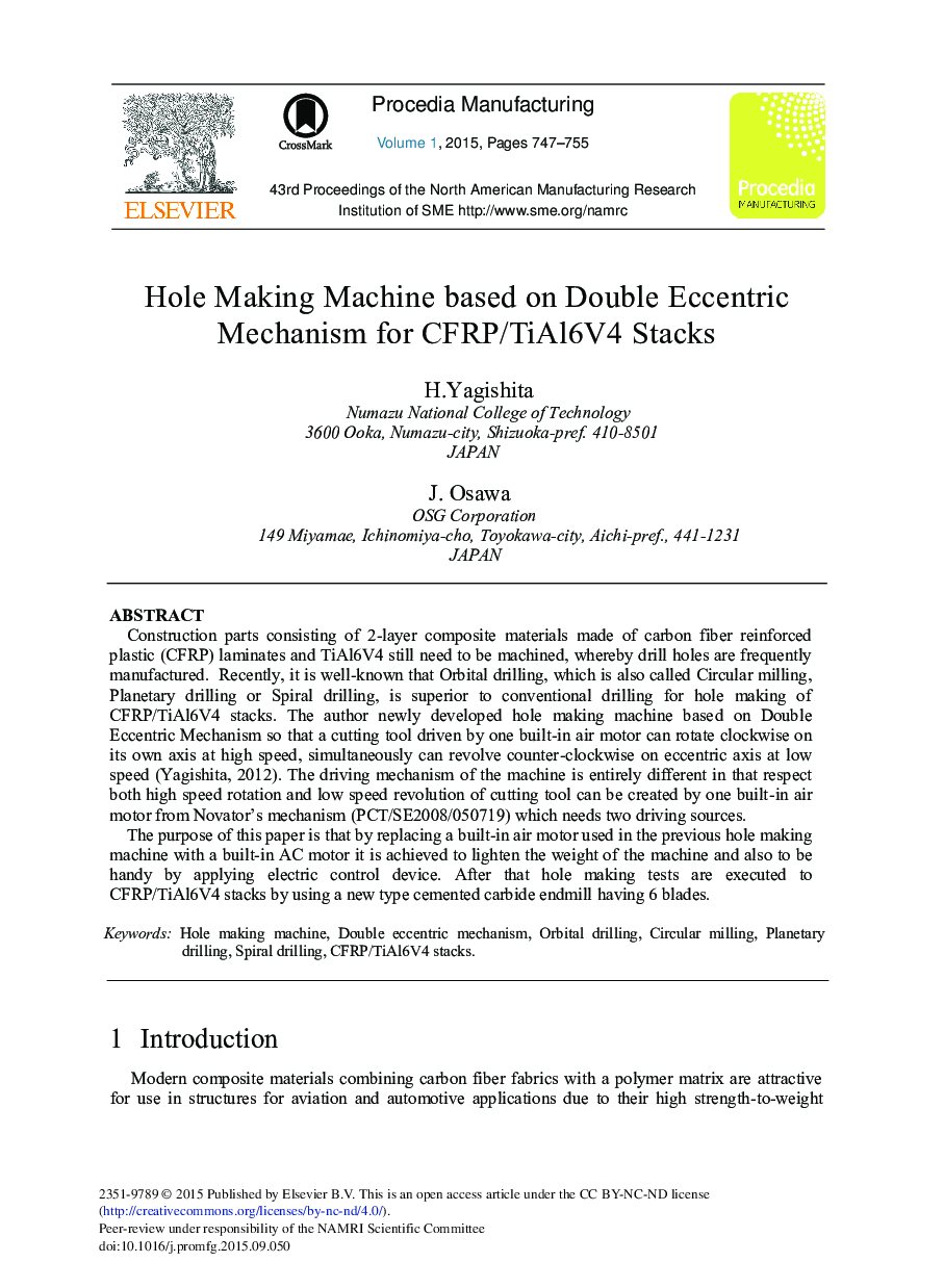 Hole Making Machine Based on Double Eccentric Mechanism for CFRP/TiAl6V4 Stacks 