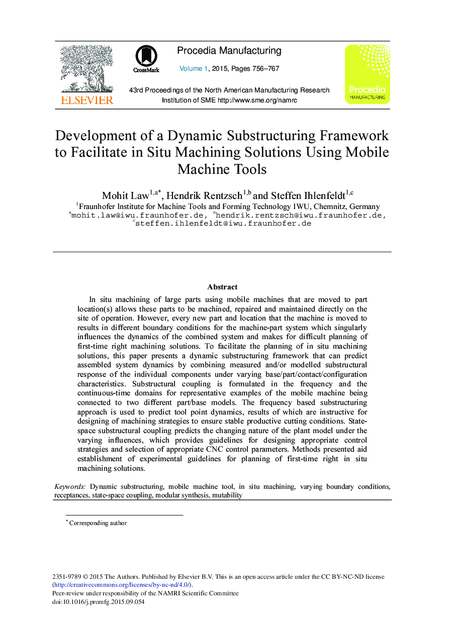 Development of a Dynamic Substructuring Framework to Facilitate in Situ Machining Solutions Using Mobile Machine Tools 