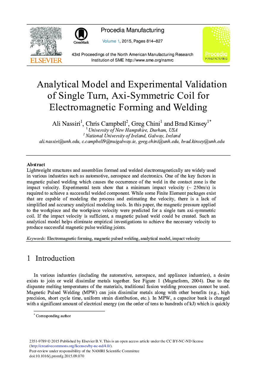Analytical Model and Experimental Validation of Single Turn, Axi-symmetric Coil for Electromagnetic Forming and Welding