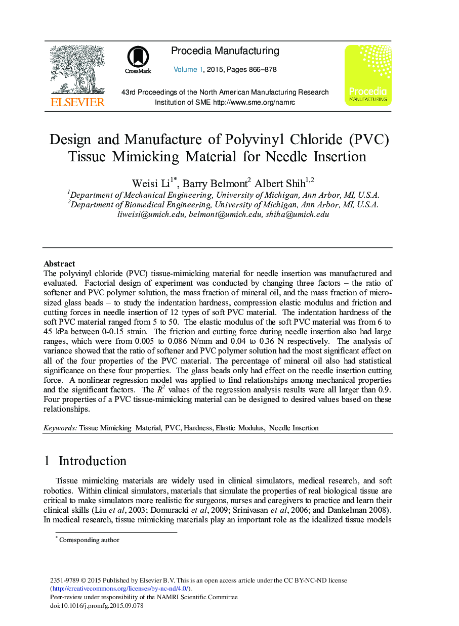 Design and Manufacture of Polyvinyl Chloride (PVC) Tissue Mimicking Material for Needle Insertion 