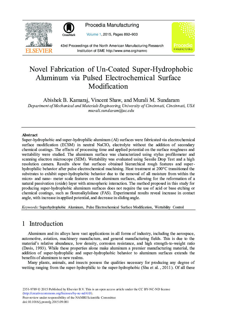 Novel Fabrication of Un-coated Super-hydrophobic Aluminum via Pulsed Electrochemical Surface Modification 