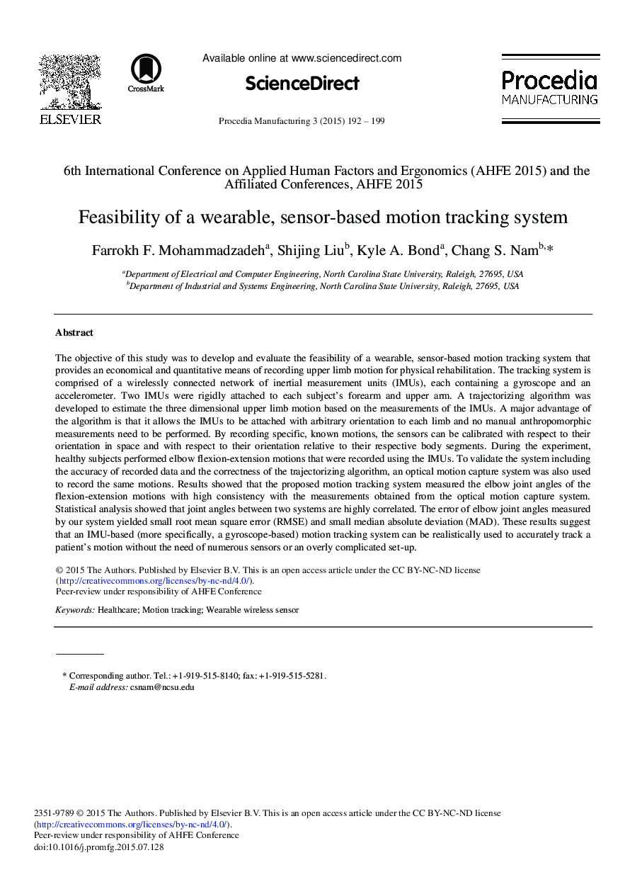 Feasibility of a Wearable, Sensor-based Motion Tracking System 