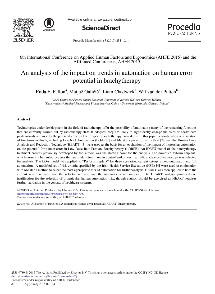 An Analysis of the Impact on Trends in Automation on Human Error Potential in Brachytherapy 