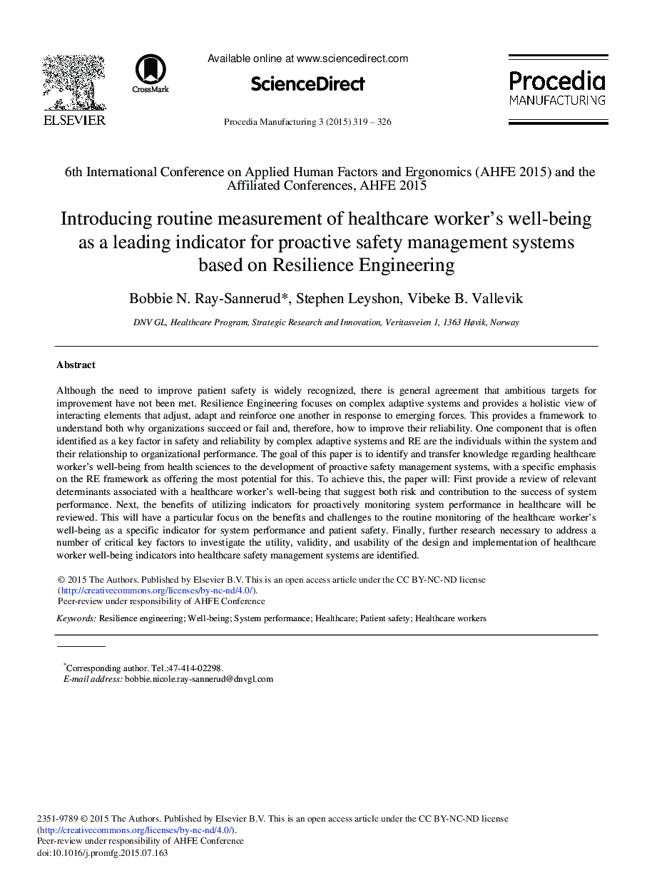 Introducing Routine Measurement of Healthcare Worker's Well-being as a Leading Indicator for Proactive Safety Management Systems Based on Resilience Engineering 