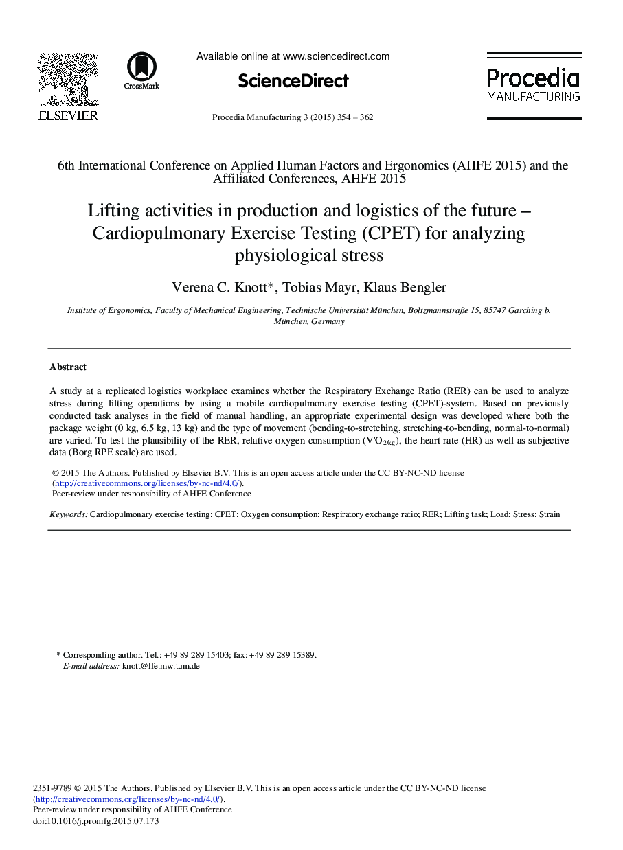 Lifting Activities in Production and Logistics of the Future – Cardiopulmonary Exercise Testing (CPET) for Analyzing Physiological Stress 