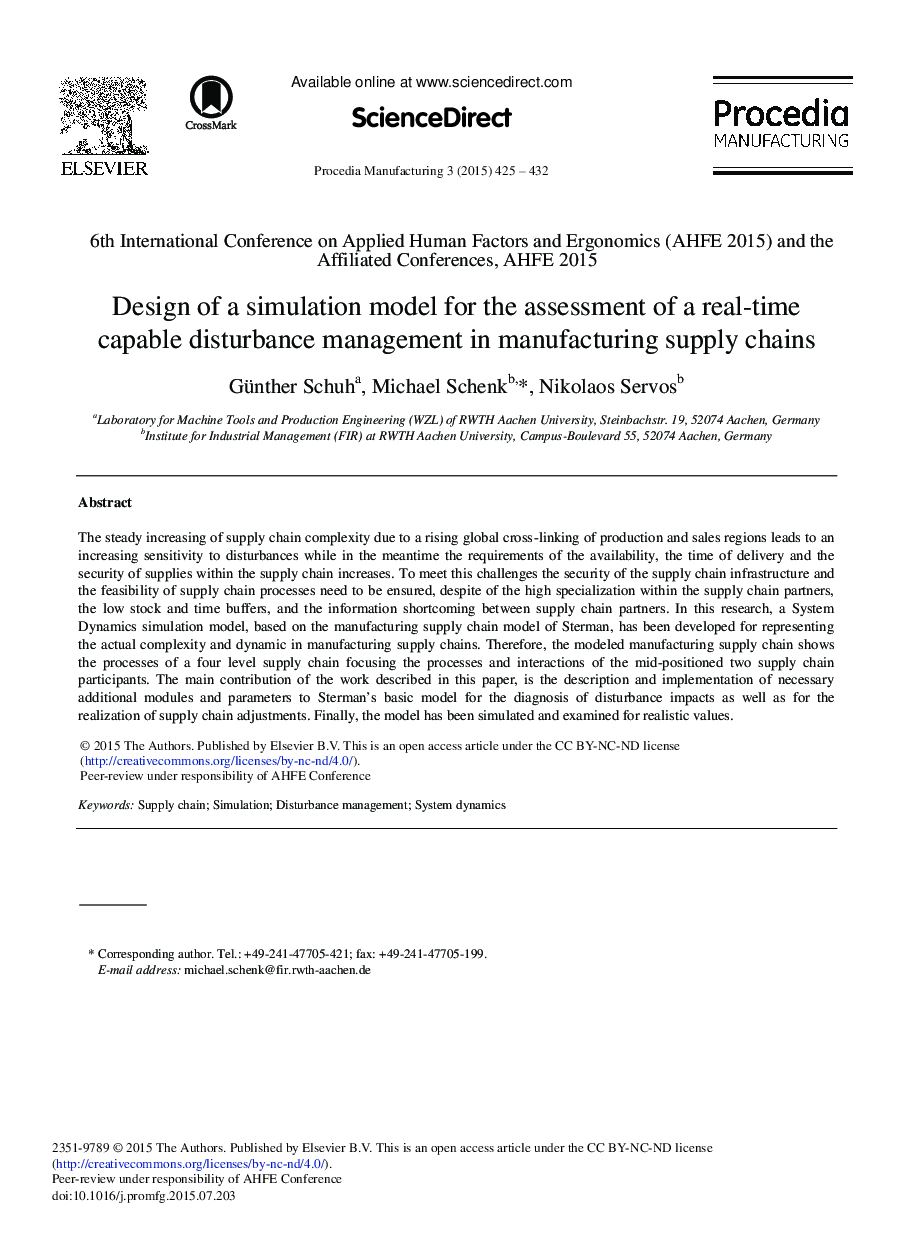Design of a Simulation Model for the Assessment of a Real-time Capable Disturbance Management in Manufacturing Supply Chains 
