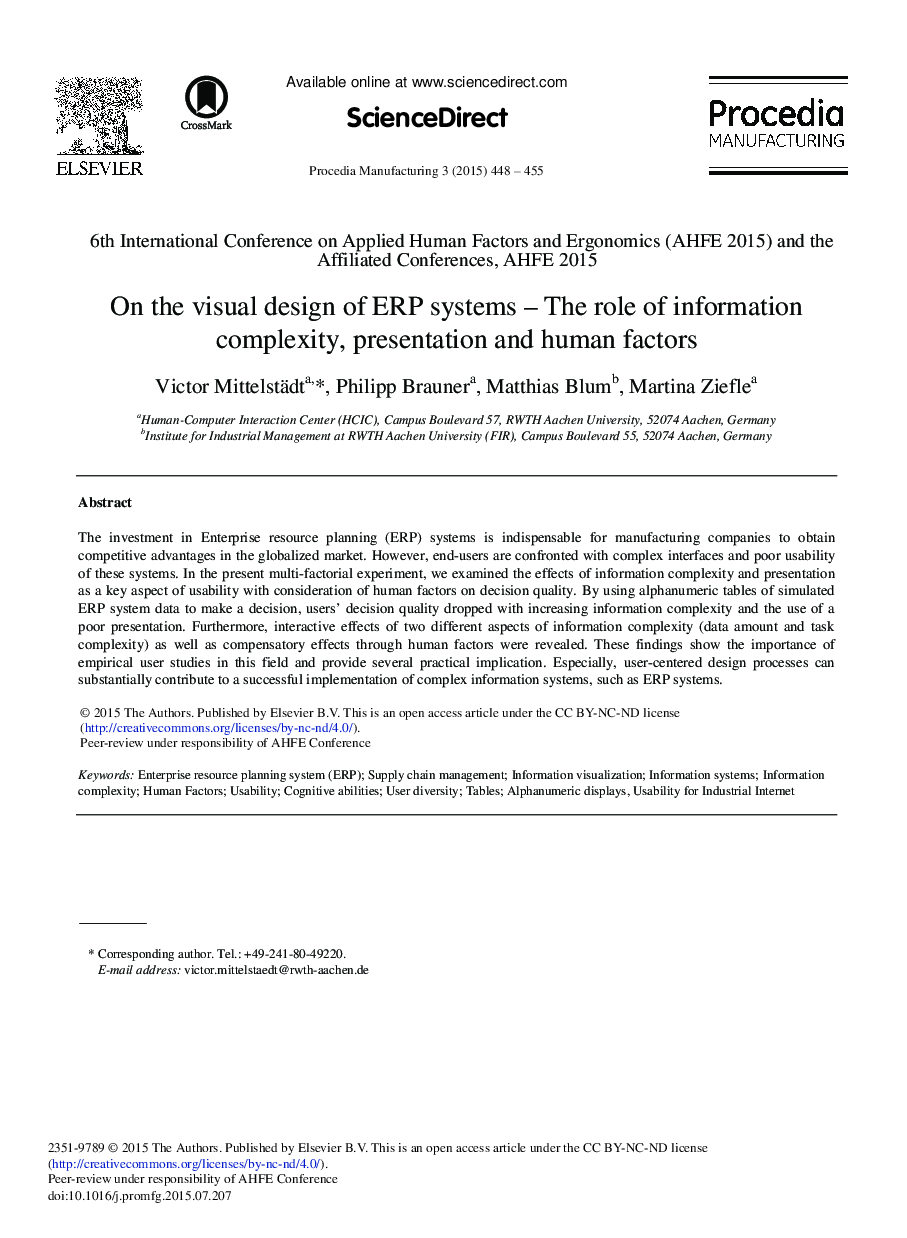 On the Visual Design of ERP Systems The – Role of Information Complexity, Presentation and Human Factors 