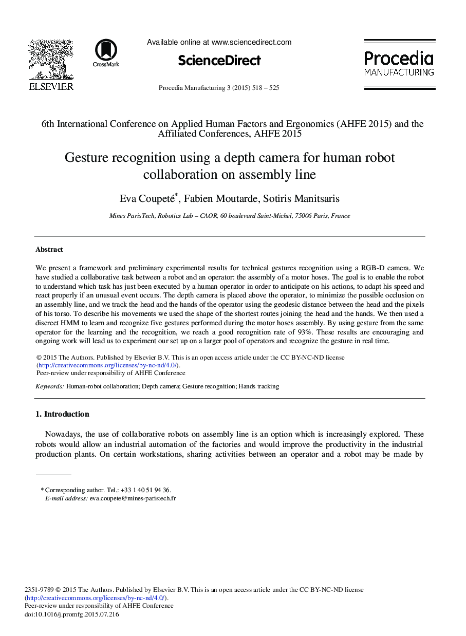 Gesture Recognition Using a Depth Camera for Human Robot Collaboration on Assembly Line 