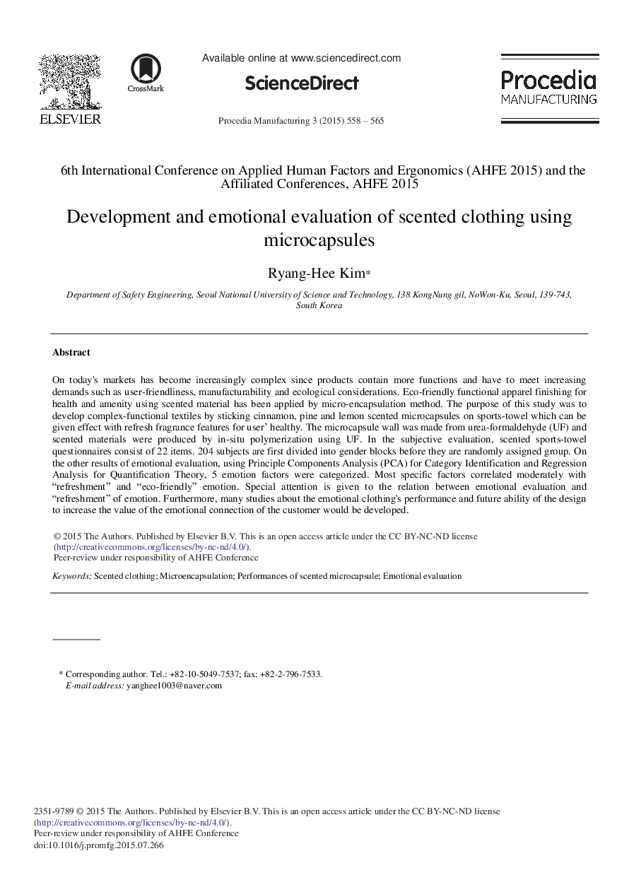 Development and Emotional Evaluation of Scented Clothing using Microcapsules 