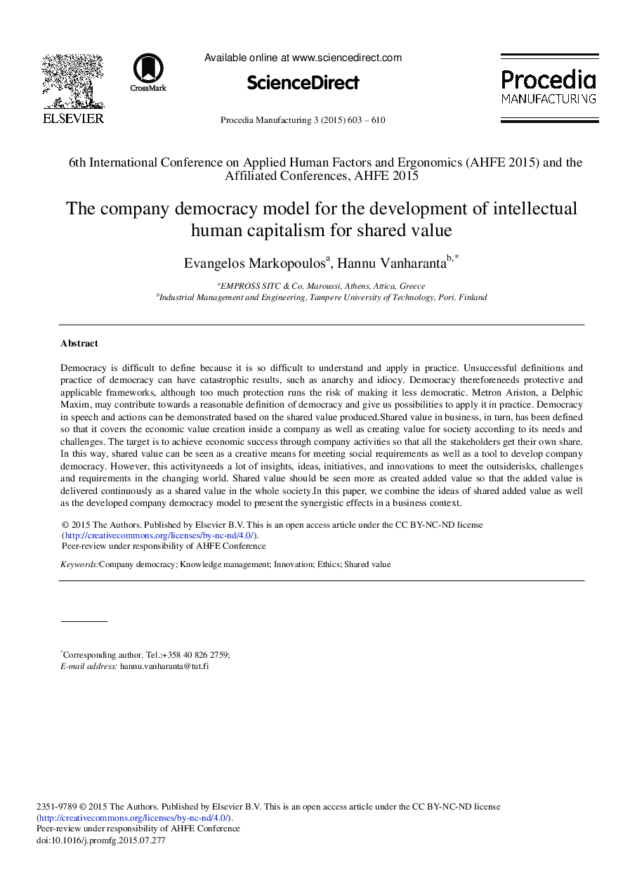 The Company Democracy Model for the Development of Intellectual Human Capitalism for Shared Value 