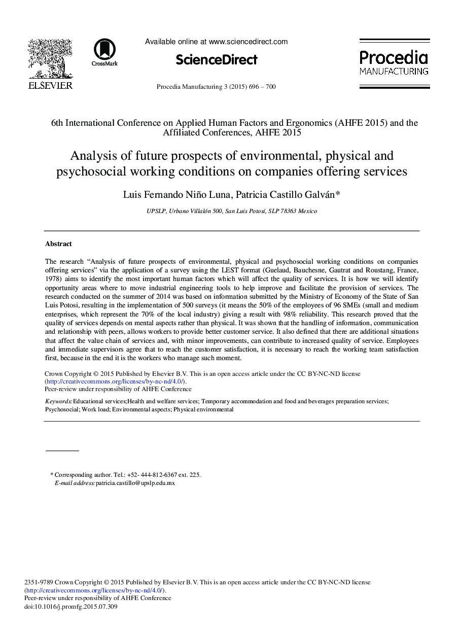 Analysis of Future Prospects of Environmental, Physical and Psychosocial Working Conditions on Companies Offering Services 