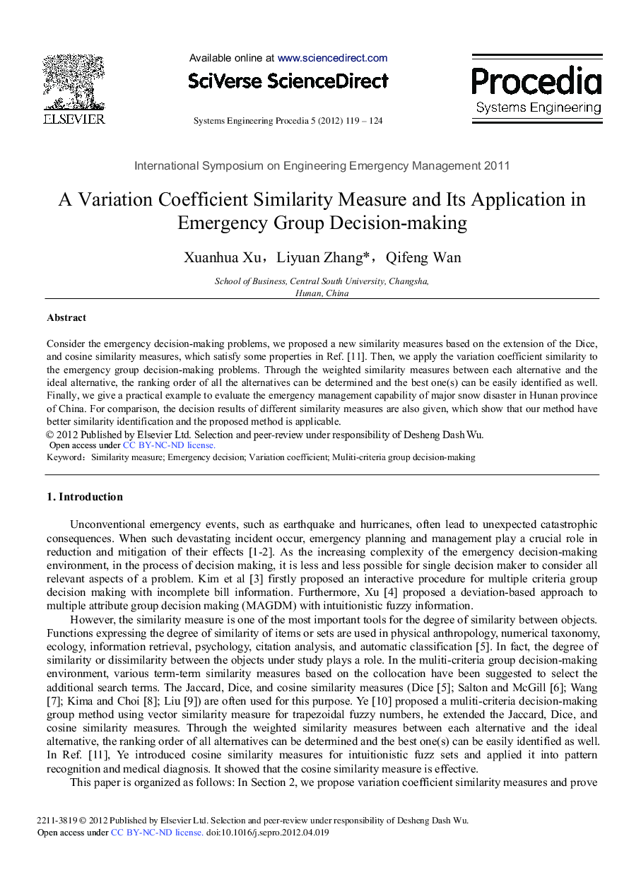 A Variation Coefficient Similarity Measure and Its Application in Emergency Group Decision-making