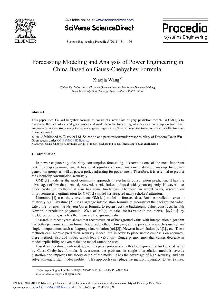 Forecasting Modeling and Analysis of Power Engineering in China Based on Gauss-Chebyshev Formula