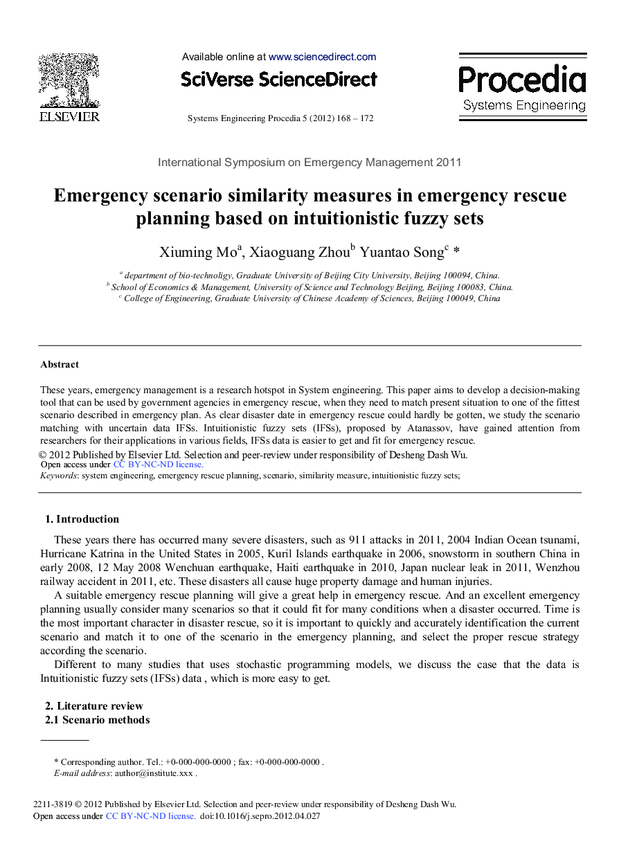 Emergency Scenario Similarity Measures in Emergency Rescue Planning Based on Intuitionistic Fuzzy Sets