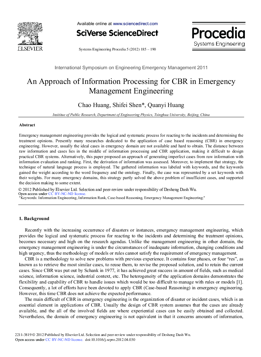 An Approach of Information Processing for CBR in Emergency Management Engineering