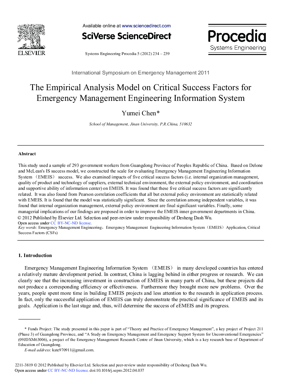 The Empirical Analysis Model on Critical Success Factors for Emergency Management Engineering Information System