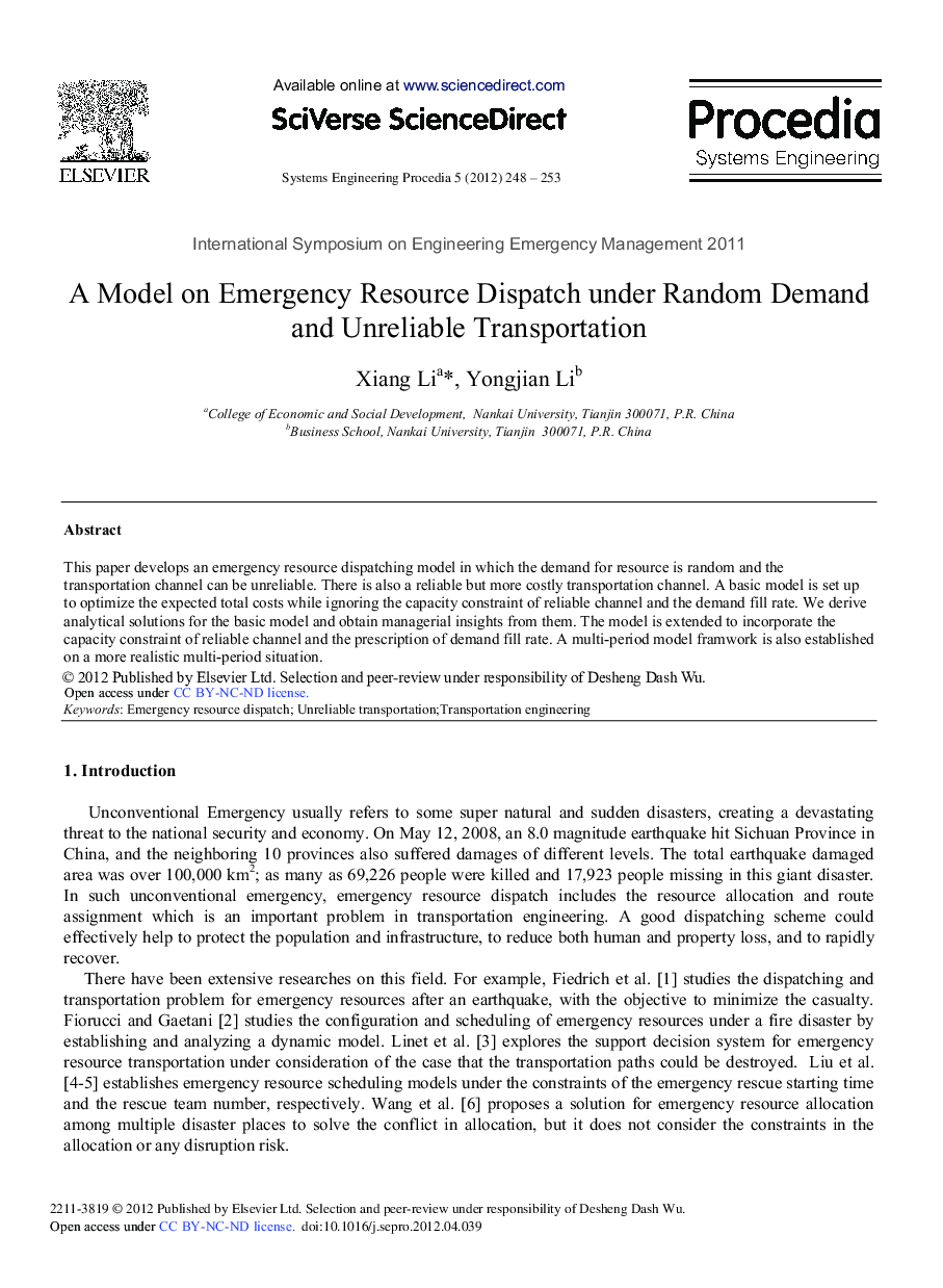 A Model on Emergency Resource Dispatch under Random Demand and Unreliable Transportation