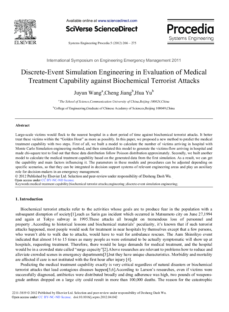 Discrete-Event Simulation Engineering in Evaluation of Medical Treatment Capability Against Biochemical Terrorist Attacks