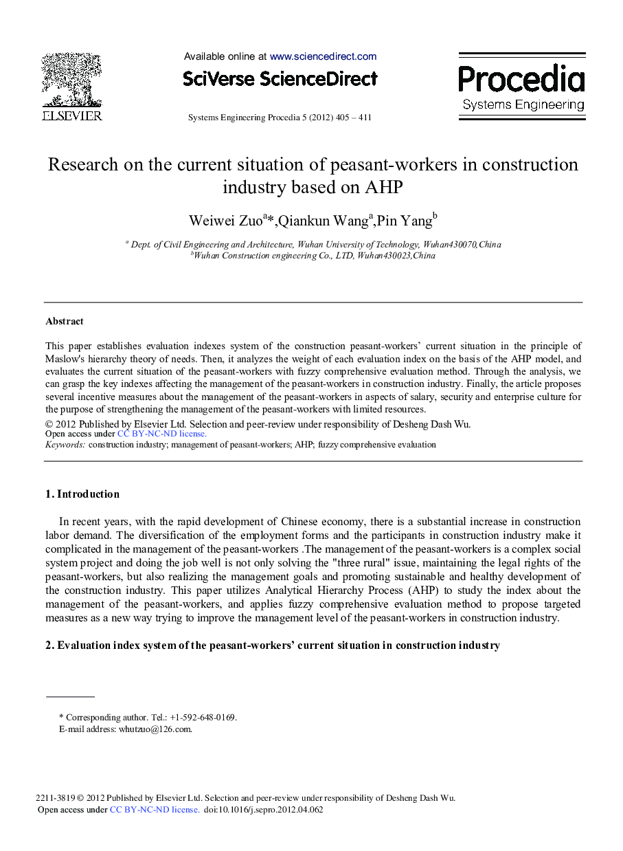 Research on the Current Situation of Peasant-Workers in Construction Industry Based on AHP